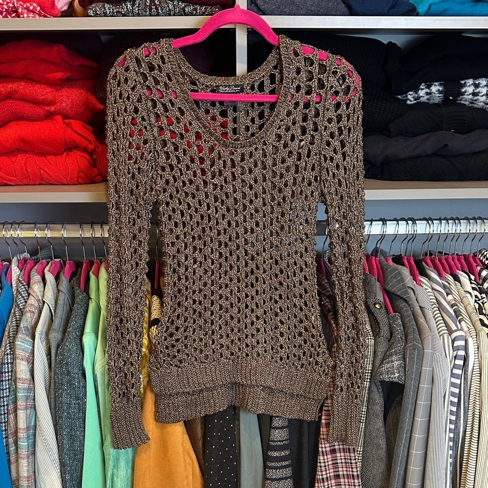 Lucky Brand brown open knit crew neck long sleeve sweater size S